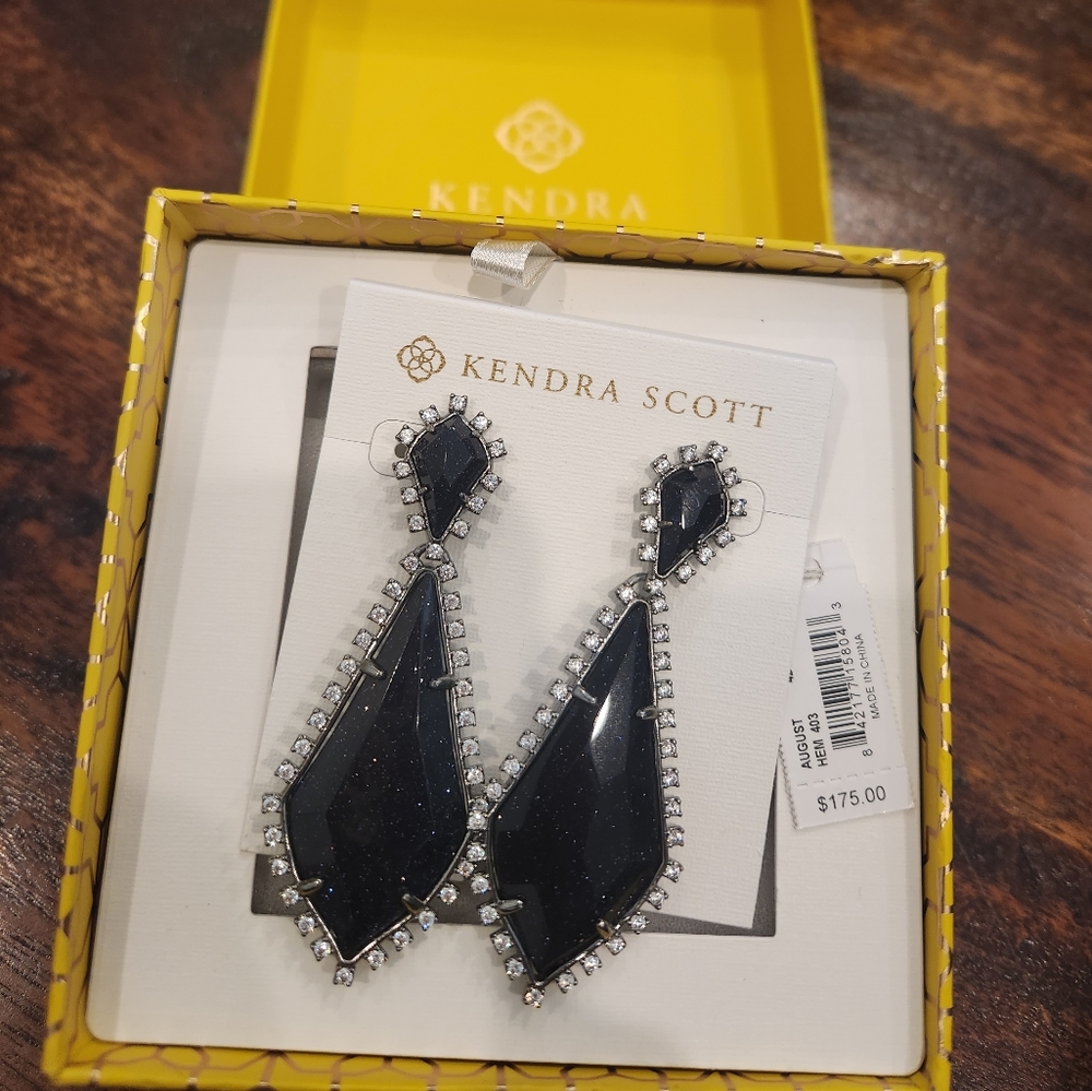Kendra Scott August Blue Statement Earrings Dark Blue Goldstone Glass BNWT